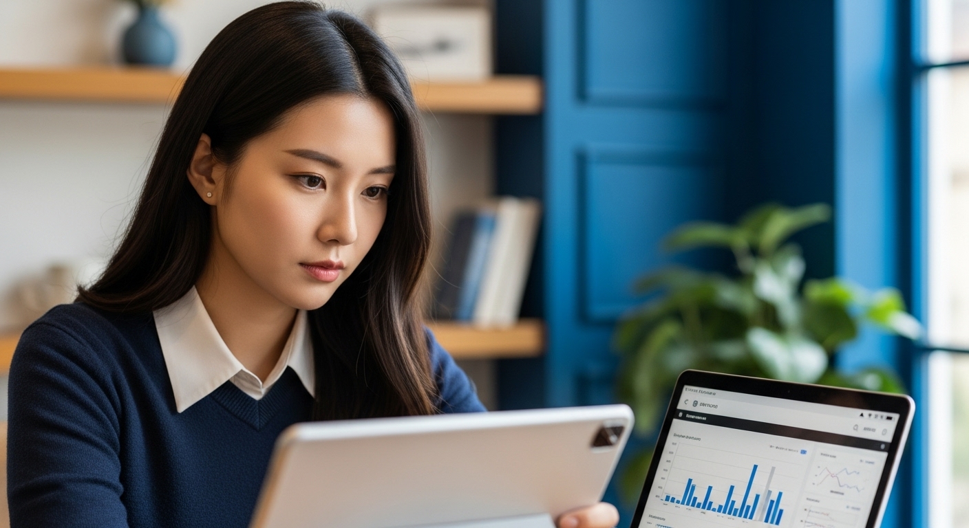 2025년 저소득층 지역 가입자를 위한 국민연금 보험료 지원을 알아보고 있는 한국 여성.