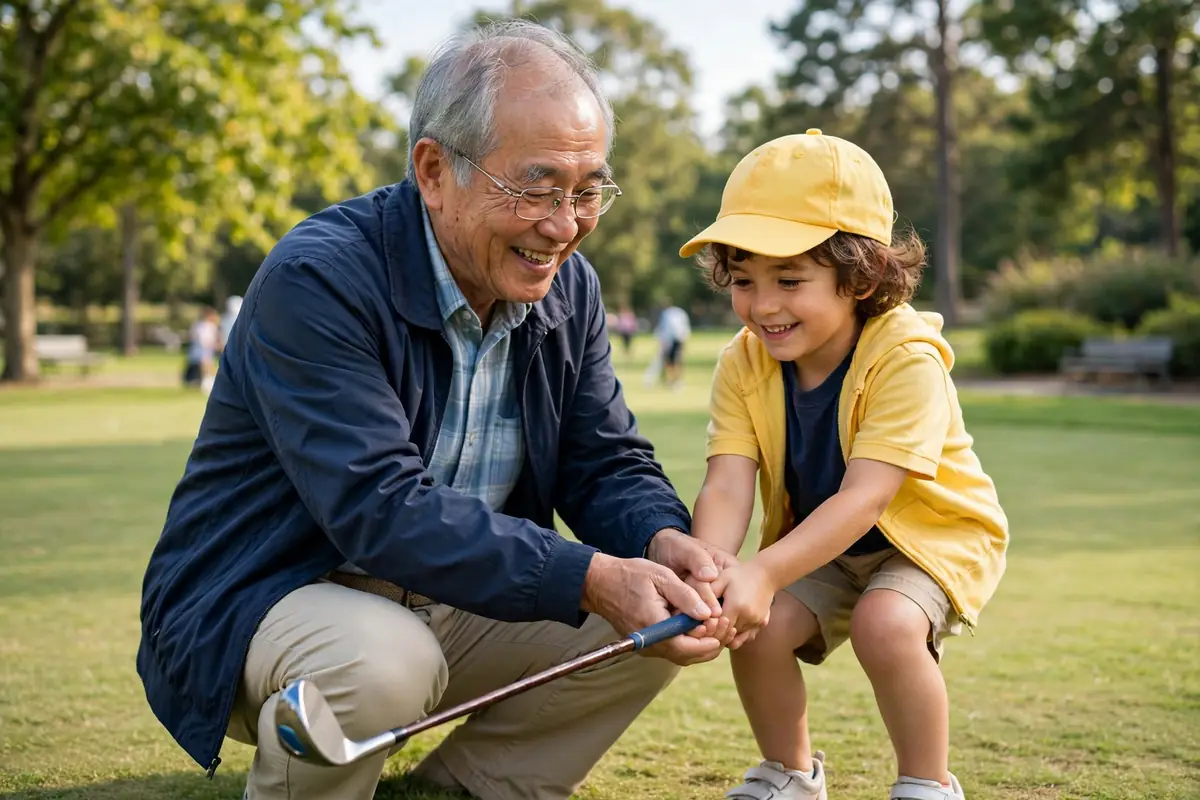 손주에게 파크골프를 가르치는 할아버지