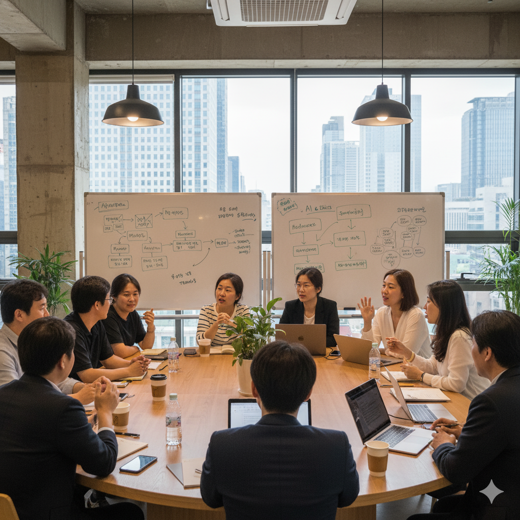 다양한 사람들이 모여 앉아 미래 트렌드에 대해 이야기하는 모습, 활기찬 워크숍 분위기 이미지