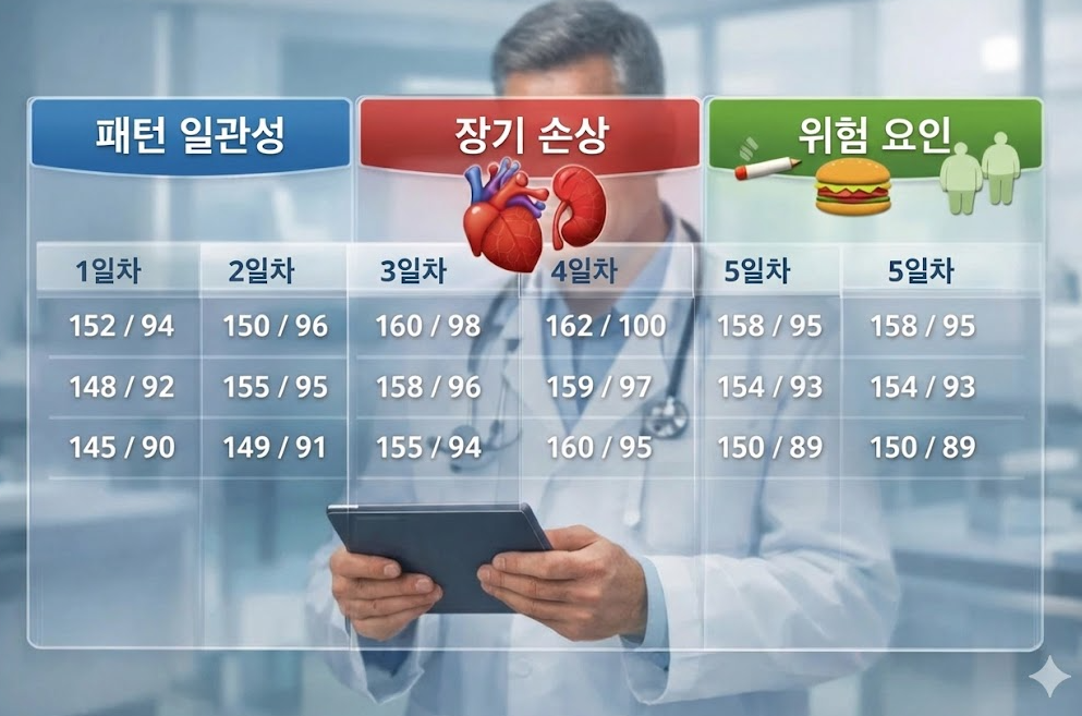 반복된 고혈압 수치 패턴과 장기 손상, 흡연&middot;비만 등 위험 요인을 함께 보여주는 진단 구조 이미지