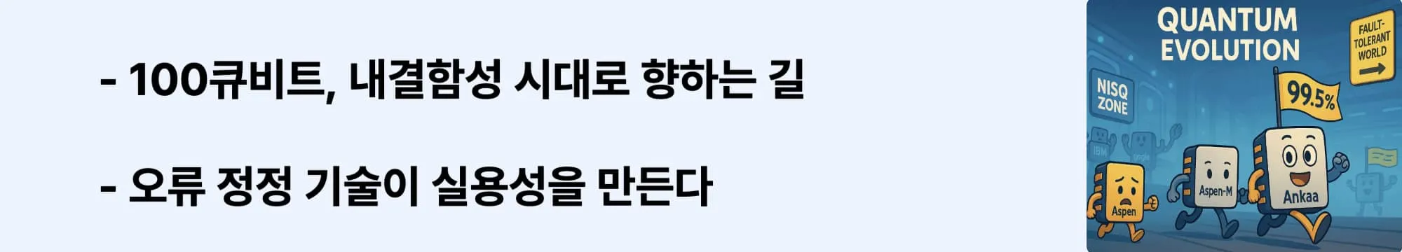 100큐비트, 내결함성 시대로 향하는 길&rsquo;이라는 문구가 포함된 웹배너 이미지. 이 이미지는 리게티의 로드맵과 오류 정정 기술 진전을 시각적으로 전달하며, 블로그의 기술적 진화 방향과 관련된 내용을 설명함 (Rigetti roadmap, fault-tolerant quantum computing)