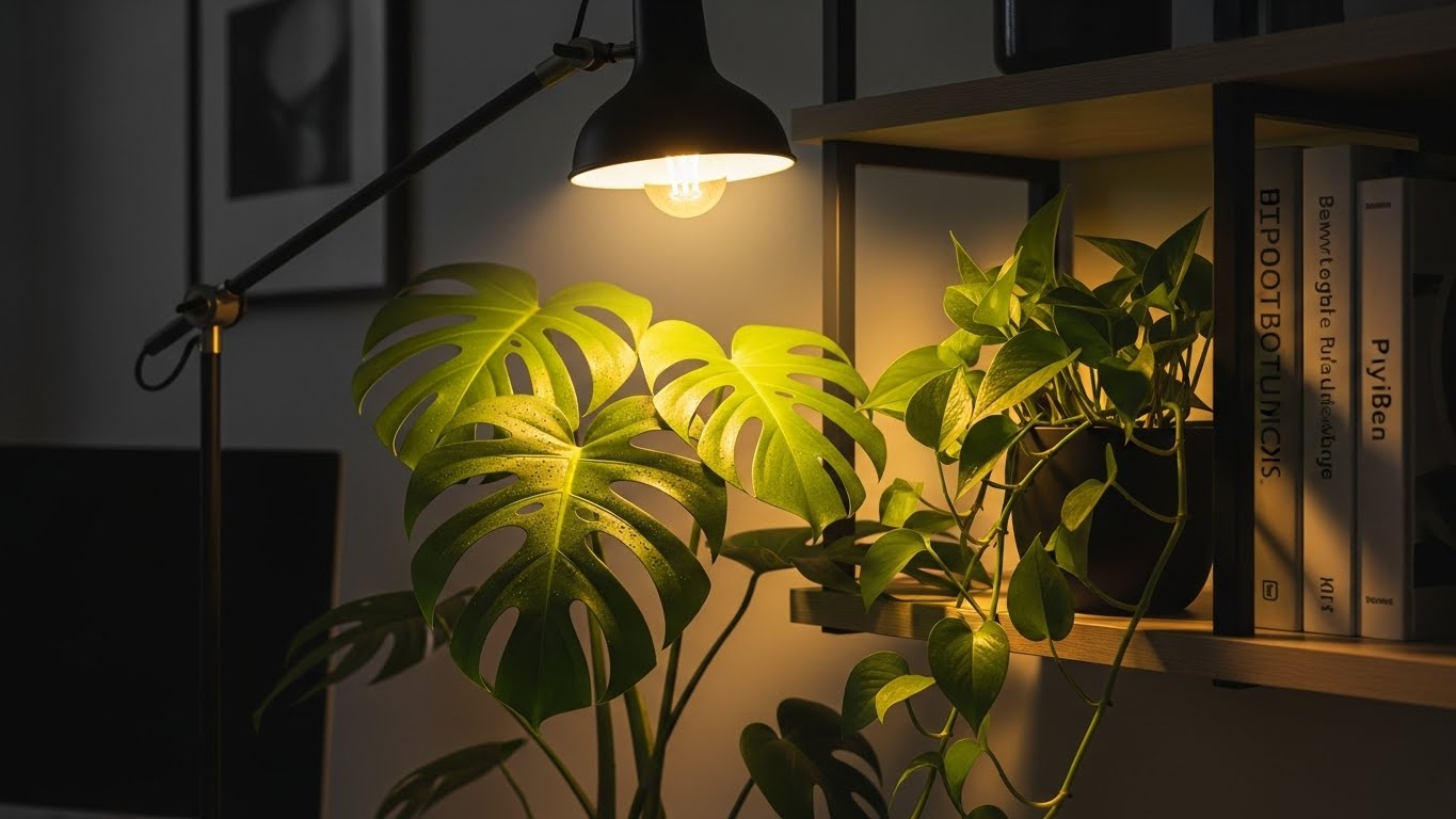 부족한 햇빛을 보충하기 위해 현대적인 실내 인테리어 속에 설치된 따뜻한 색감의 LED 식물 생장등과 빛을 받아 빛나는 몬스테라 잎 이미지