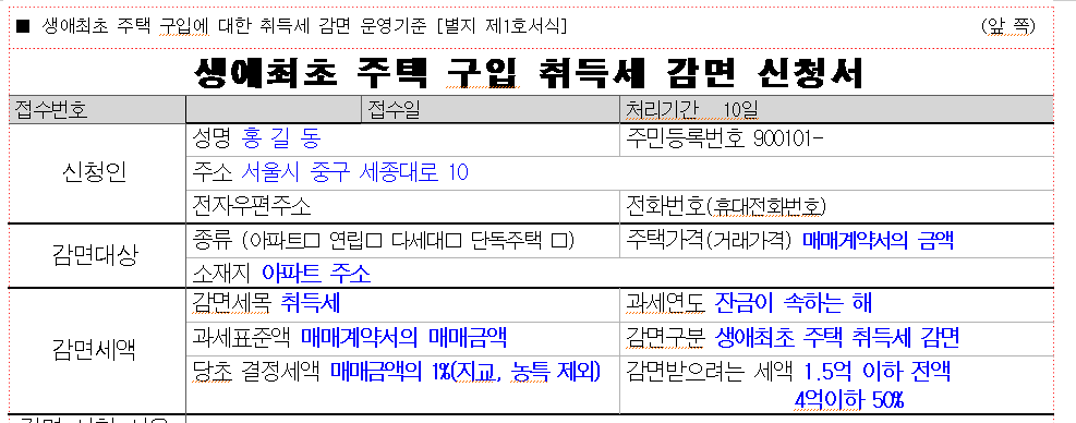 생애최초 취득세 감면신청서 예시