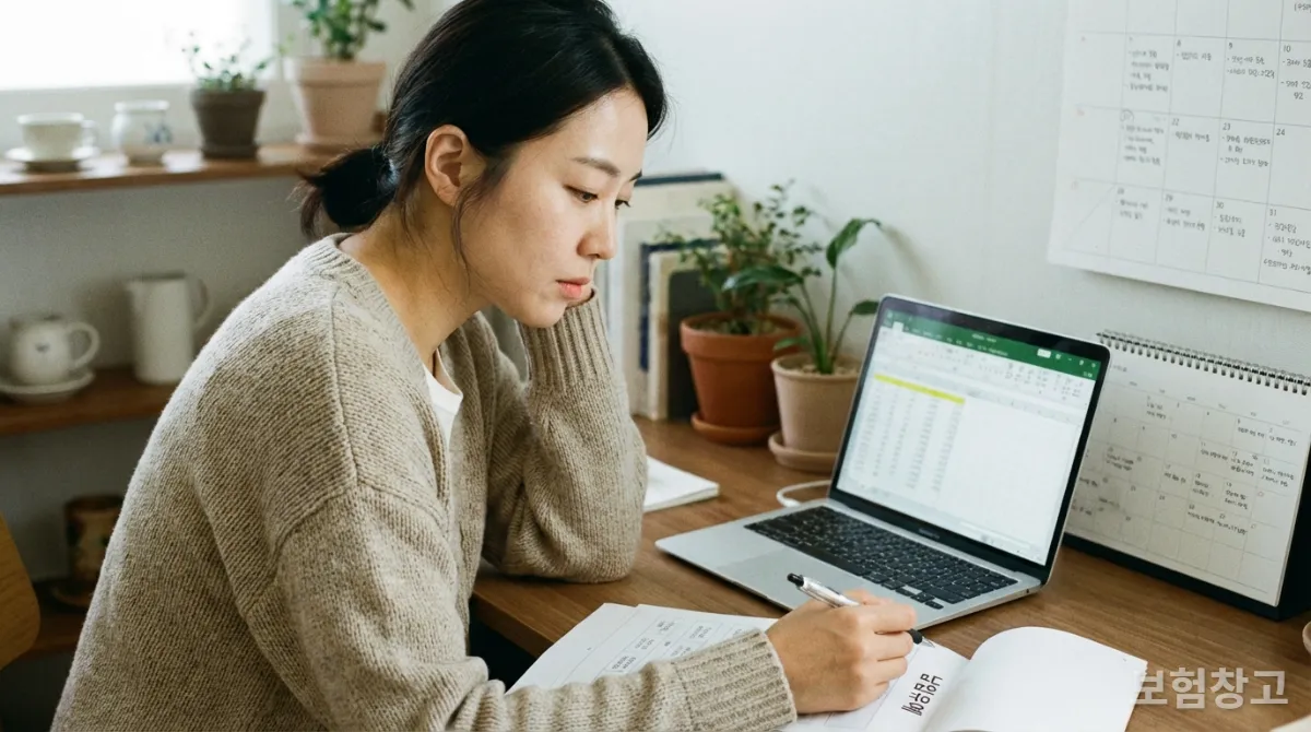 보험료 납입유예를 고민하며 서류를 검토하는 한국인 여성