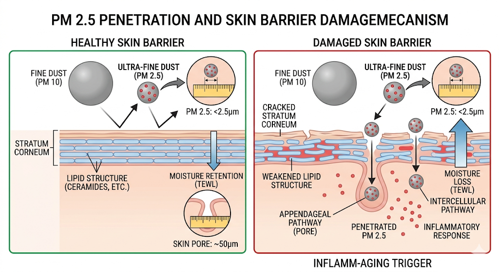 초미세먼지 PM 2.5와 모공 크기 비교 도표, 피부 장벽 손상 시 미세먼지의 경피 침투 경로 및 염증 유발 기전