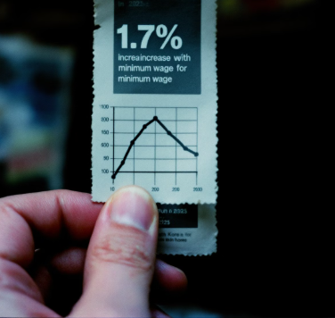 최저임금 1.7% 인상을 설명하는 그래프가 그려진 종이를 손으로 들고 있는 모습