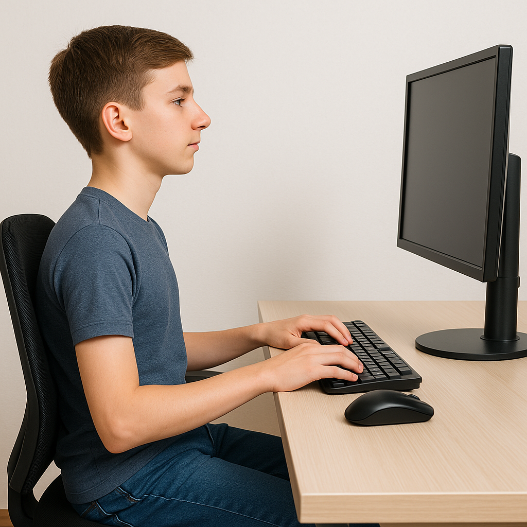 한 청소년이 책상에 앉아서 모니터를 보고 있는 이미지