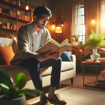 책을 읽고 있는 여성이 꿈의 의미를 탐구하는 모습입니다. 아늑한 분위기에서 독서에 몰입한 장면입니다.