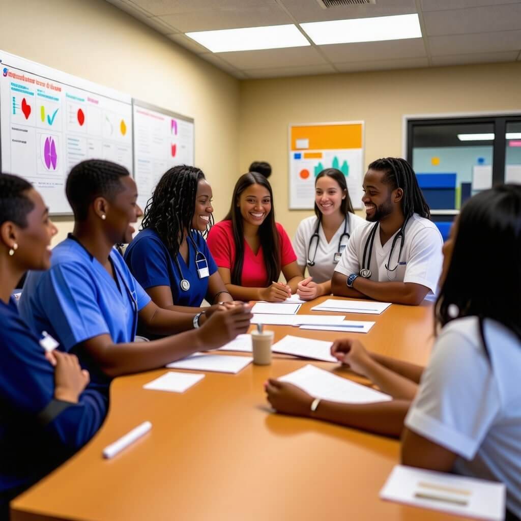 보건소 직원: 보건소 직원들이 팀워크를 발휘하며 회의하는 모습, 서로 의견을 나누는 장면