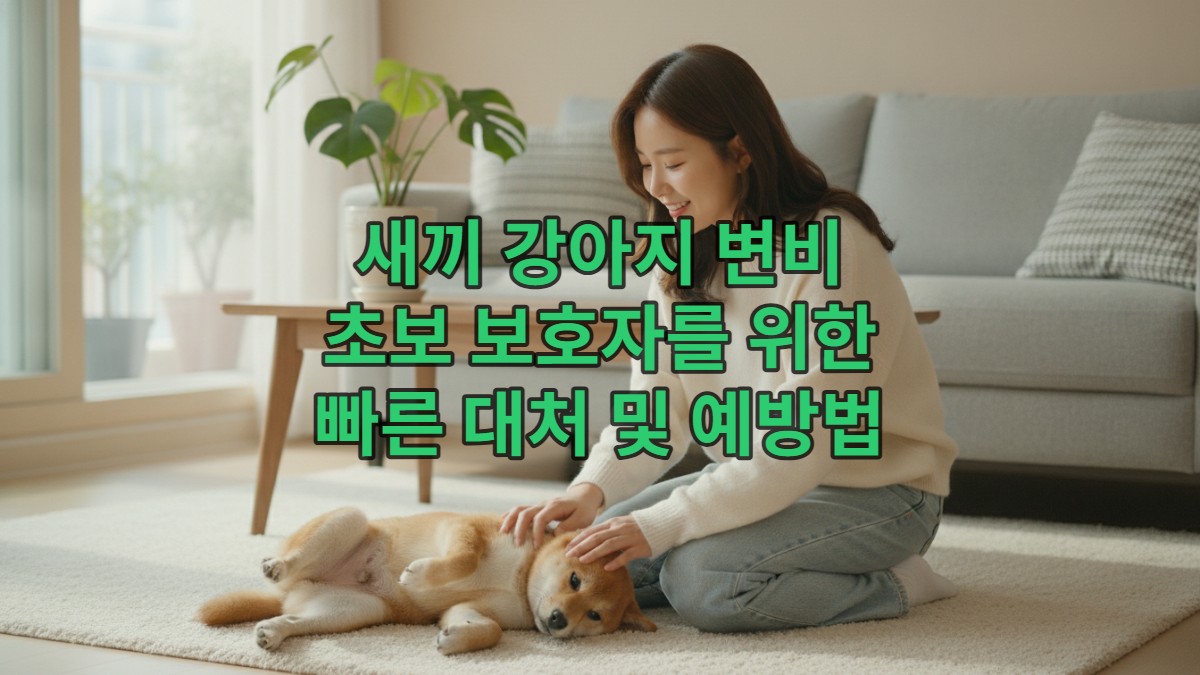 새끼 강아지의 배를 부드럽게 쓰다듬으며 변비로 힘들어하는 강아지를 위로하는 한국 여성 보호자