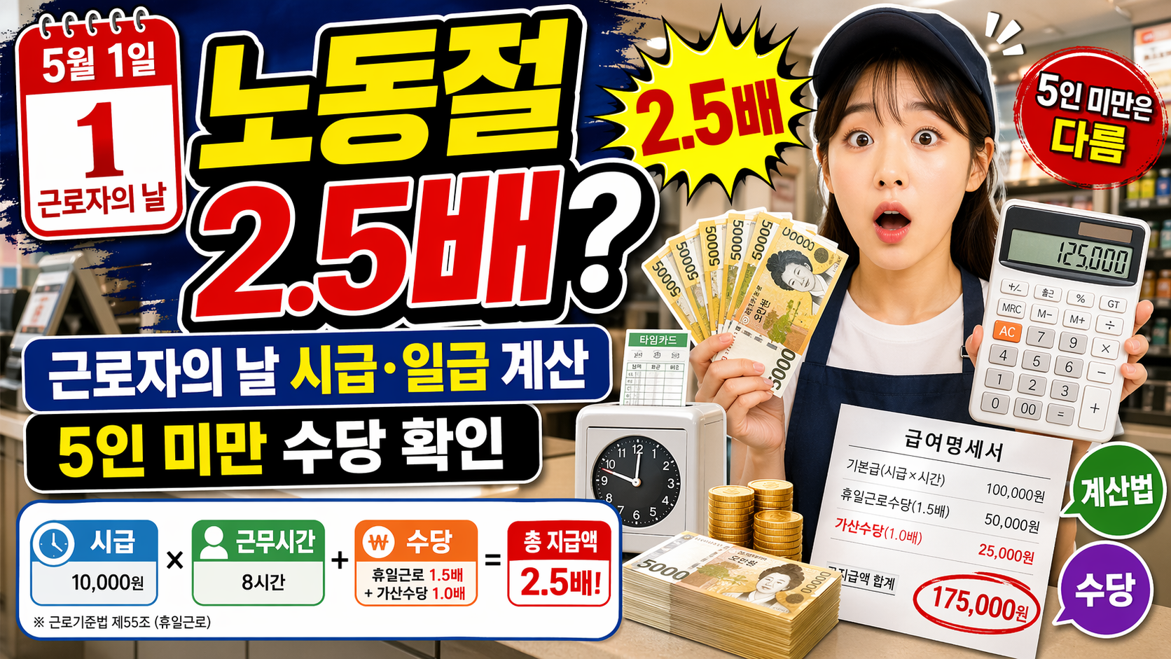 노동절 2.5배 알바｜근로자의 날 시급&middot;일급&middot;5인 미만 수당 계산법