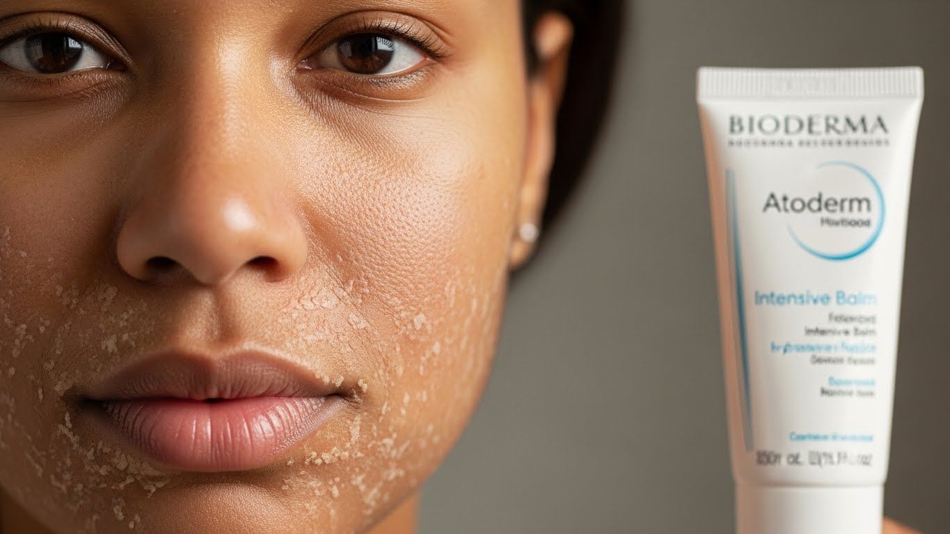 겨울철 속건조와 유분감이 공존하는 지성 피부가 바이오더마 아토덤 인텐시브밤으로 피부 장벽을 관리하는 모습.