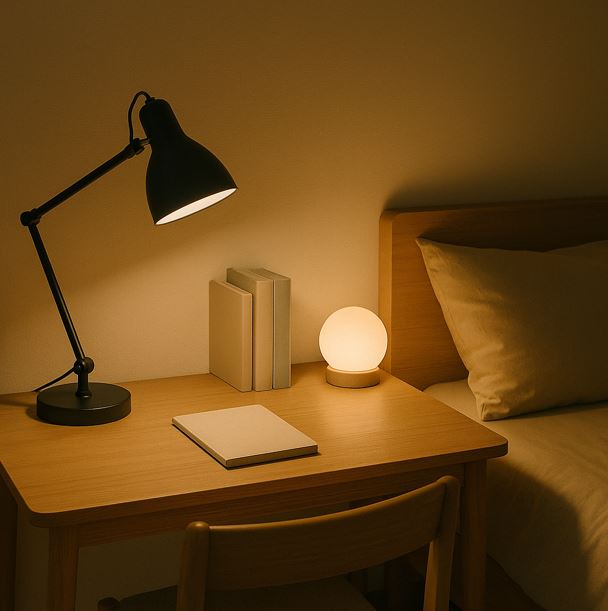 책상 한 켠에 스탠드 조명을 두고, 침대 옆에는 은은한 무드등을 배치한 모습