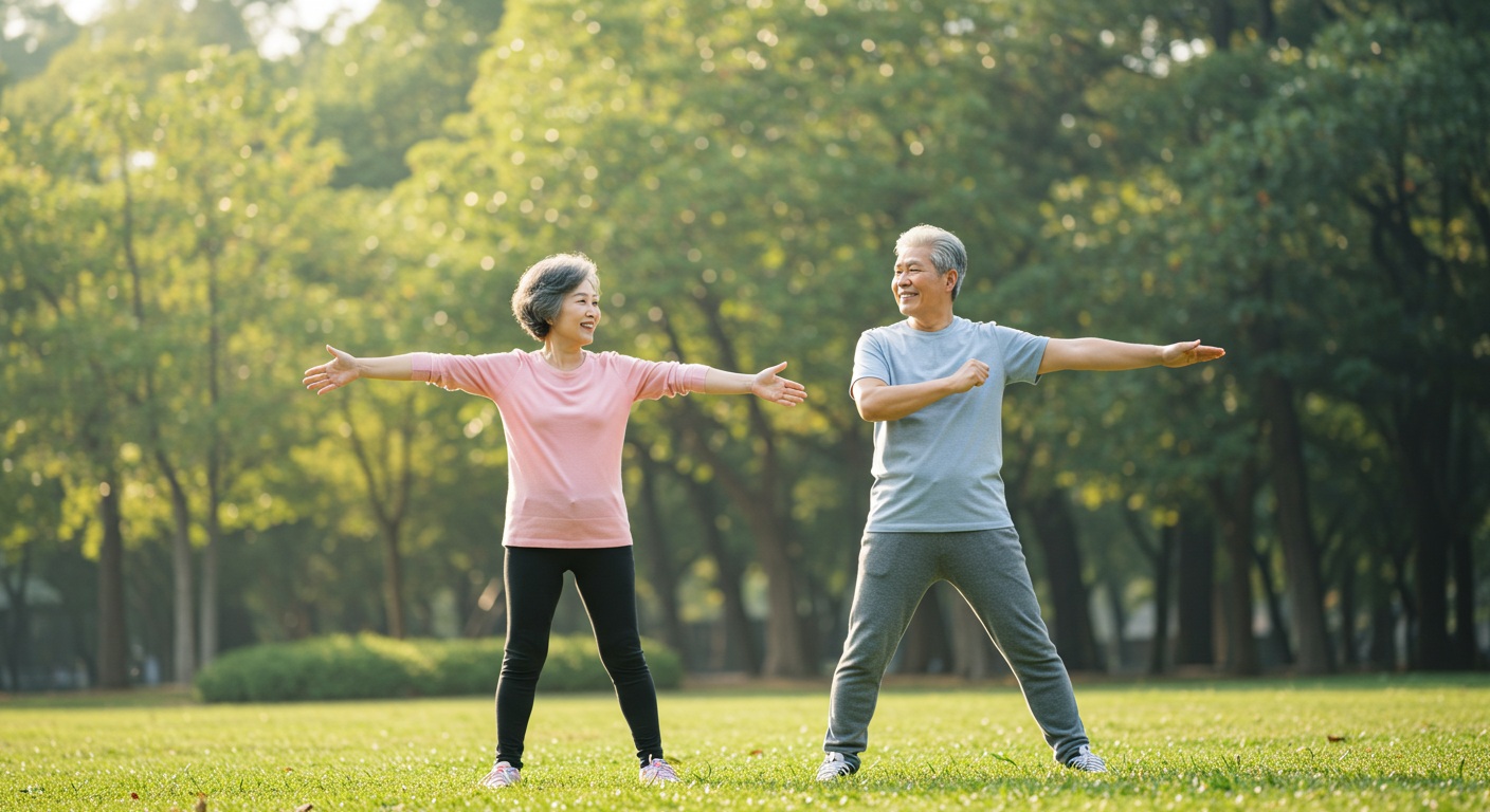공원에서 가벼운 운동을 하는 노인 부부