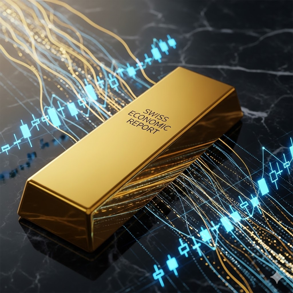 High-end financial branding header featuring a gold bar engraved with 'Swiss Economic Report' on dark marble with digital data streams.