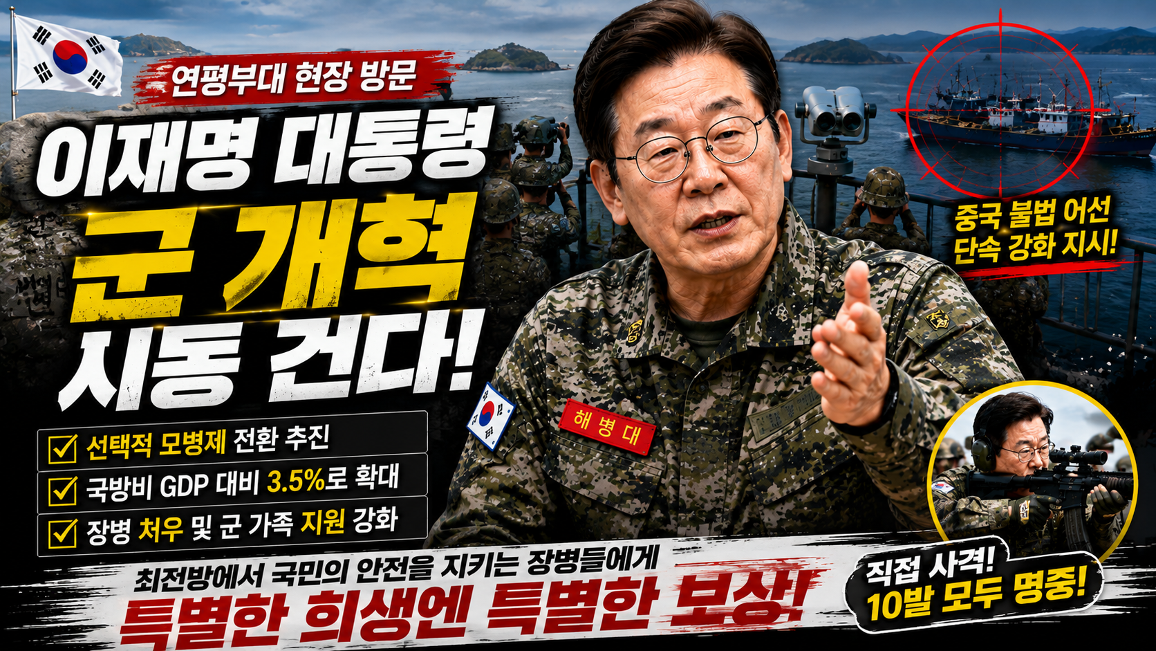 이재명 대통령 연평도 전격 방문, '선택적 모병제' 도입과 국방비 대폭 증액 카드 꺼냈다 / AI생성
