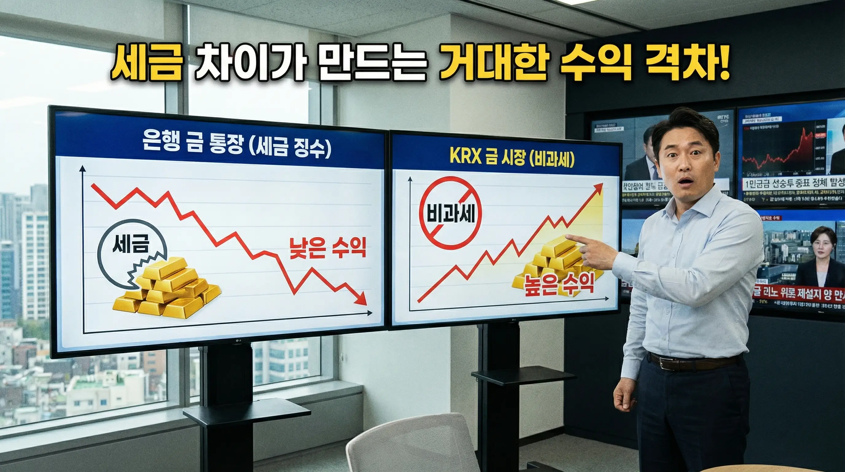 세금을 떼가는 은행 금 통장과 세금이 없는 KRX 금 시장의 수익률 차이를 비교하는 투자자의 모습