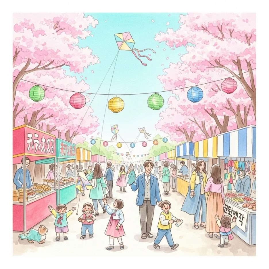 활기찬 봄 축제 분위기 속 벚꽃길 풍경