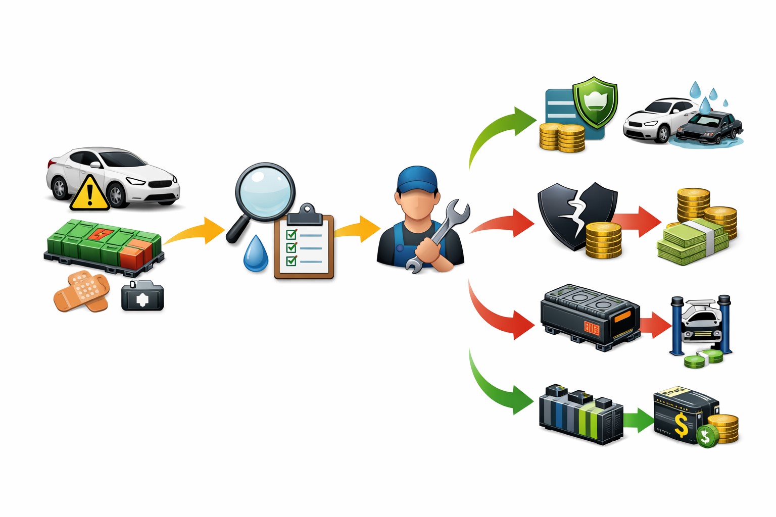 전기차 배터리 교체 비용이 발생하는 흐름을 아이콘과 화살표로 표현한 텍스트 없는 다이어그램