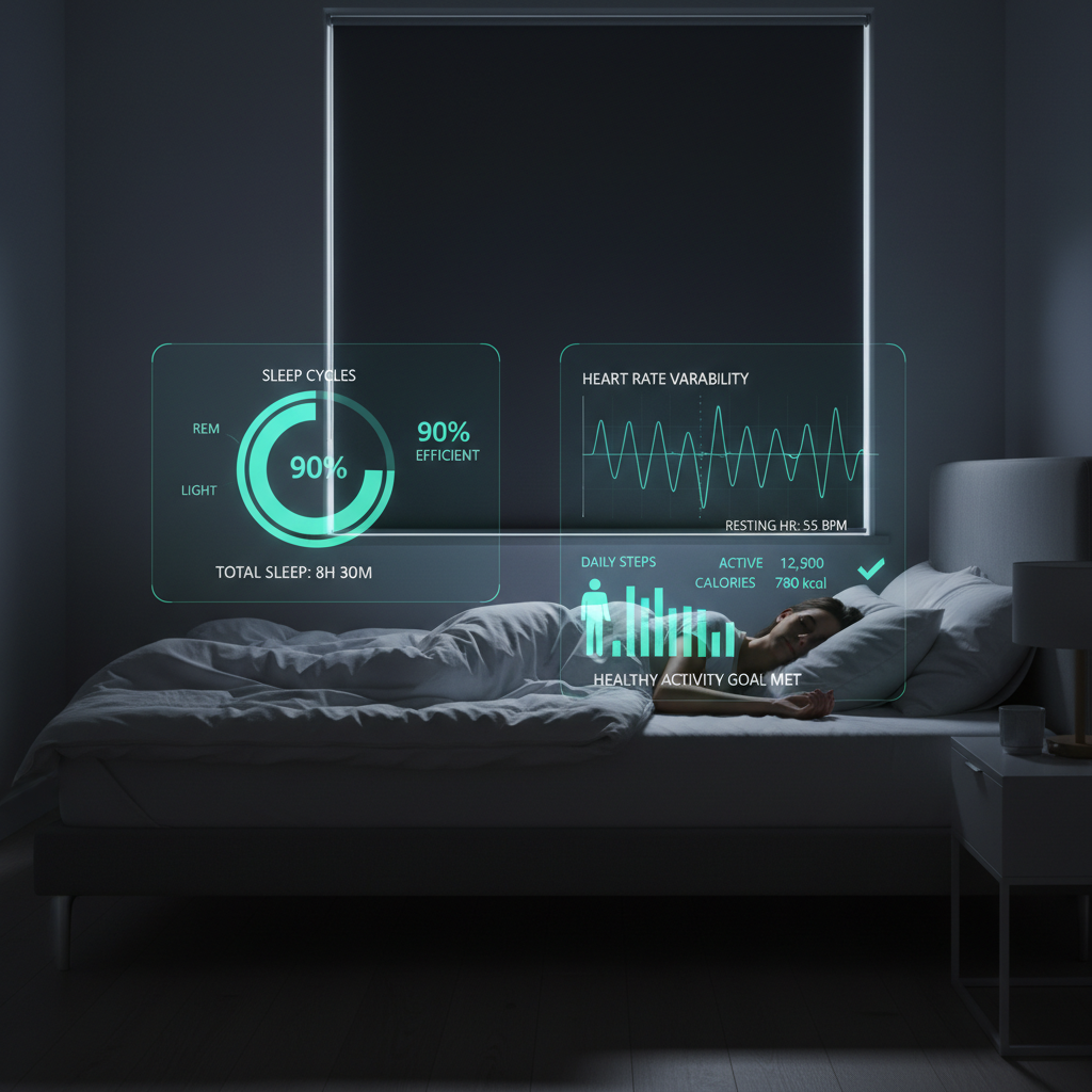 편안하게 잠든 사람과 AI 수면 분석 데이터 오버레이