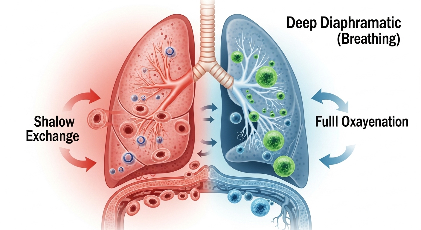 얕은 흉식 호흡과 깊은 횡격막 호흡 시 폐의 산소 교환 차이를 보여주는 과학적 일러스트. 올바른 호흡이 세포 건강과 노화 방지에 미치는 긍정적인 영향을 시각적으로 설명합니다.