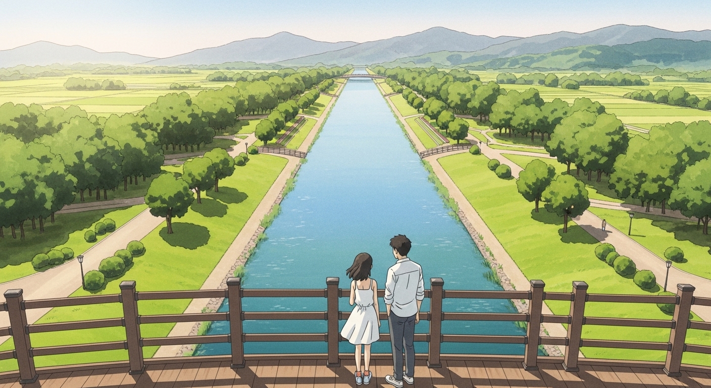 미사리 조정경기장 전망대에서 한강 수로를 바라보는 30대 커플의 모습, 지브리 애니메이션 스타일 일러스트