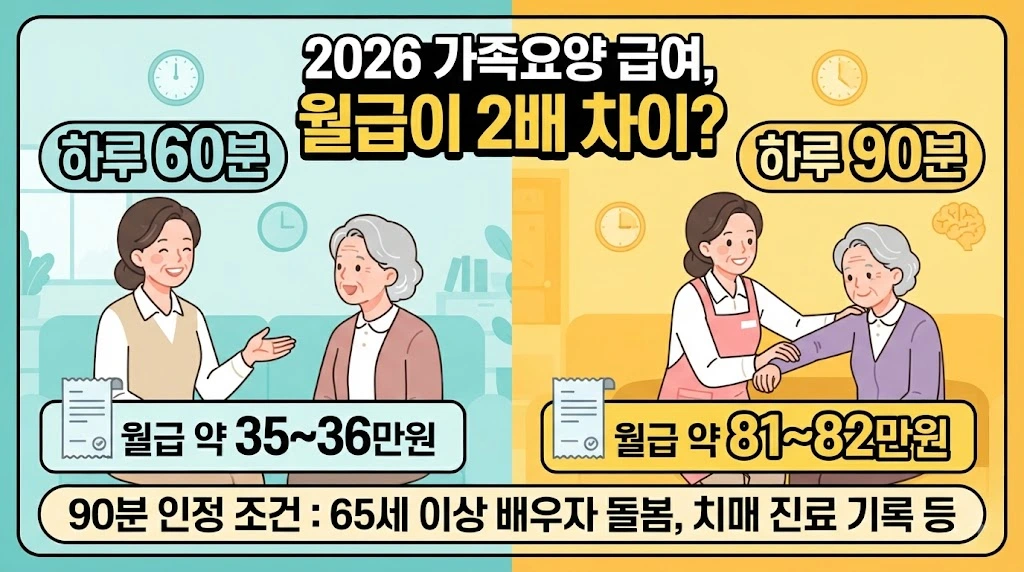 2026 가족요양 급여 하루 60분과 90분 인정 유형별 예상 월급 실수령액(35~36만원 vs 81~82만원) 및 90분 인정 조건 비교 안내 인포그래픽