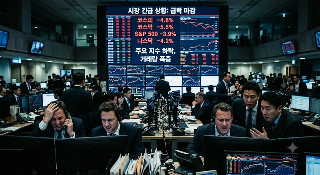 월스트리트 트레이딩 룸 대형 스크린에 적자 수치 표시, 분석가들 긴장한 표정, 다크 시네마틱 색감, 실사 느낌, 텍스트 없음