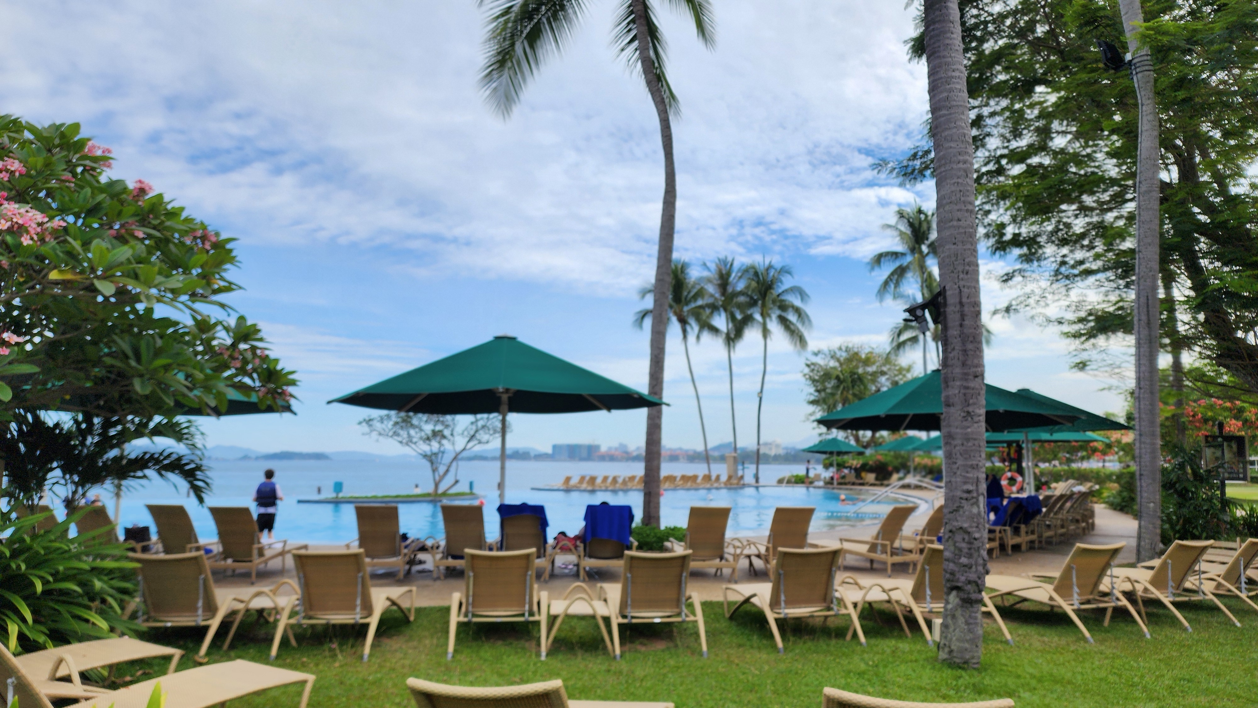 여러개의-썬배드와-비치파라솔이놓여있고-멀리-바다가-보이는-사진