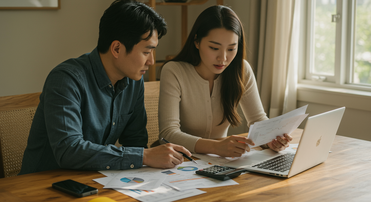 식탁에서 노트북과 금융 서류를 펼쳐 놓고 예산을 논의하는 한국 부부