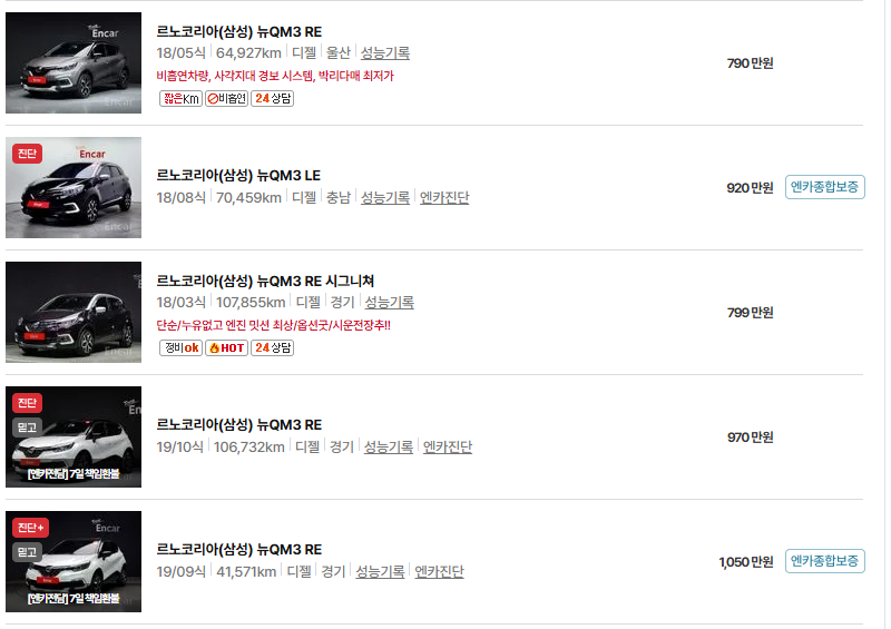 르노코리아 QM3 중고차 가격 시세표 유지비