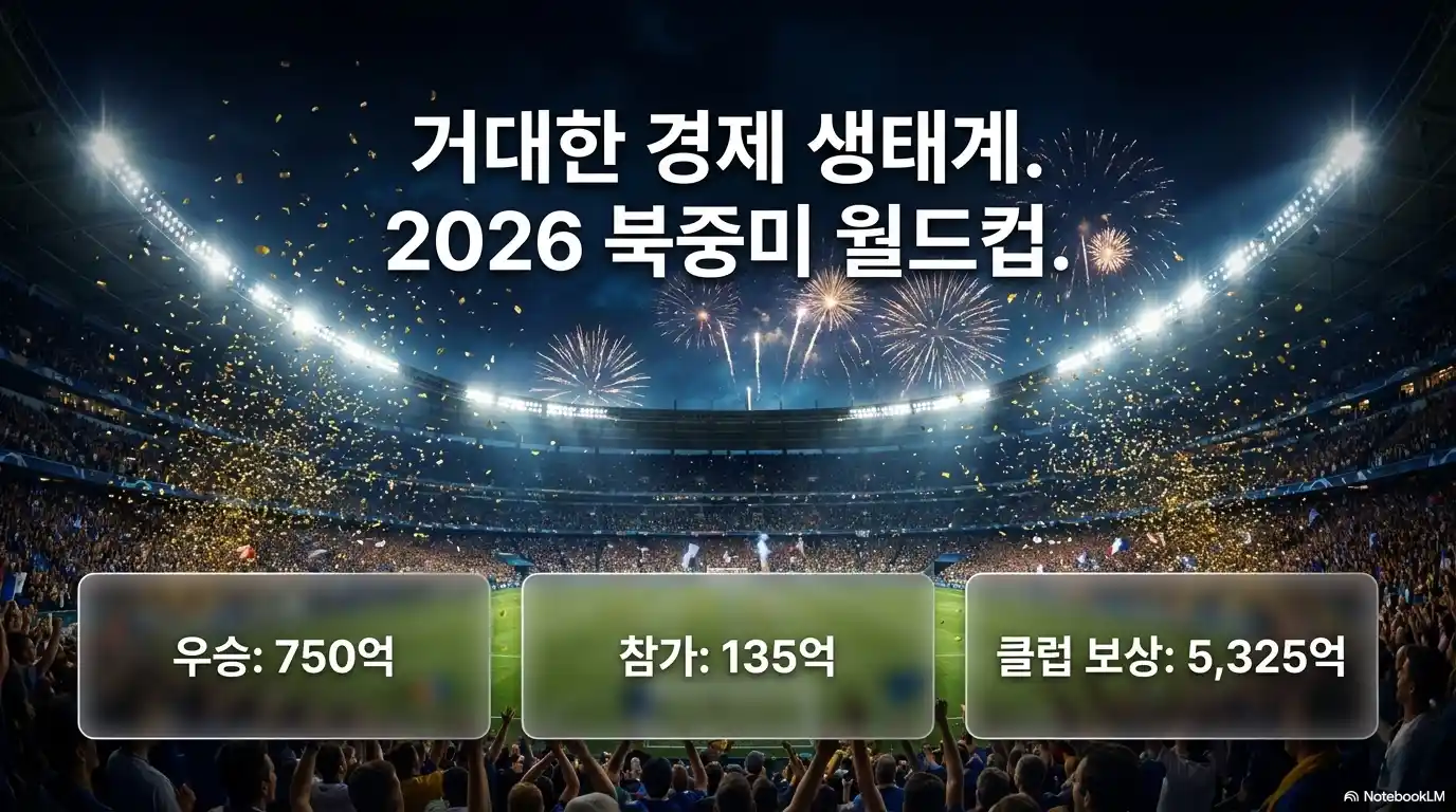 2026 북중미 월드컵 우승 상금 750억 원, 참가 상금 135억 원, 클럽 보상금 5,325억 원을 한눈에 정리한 경기장 인포그래픽