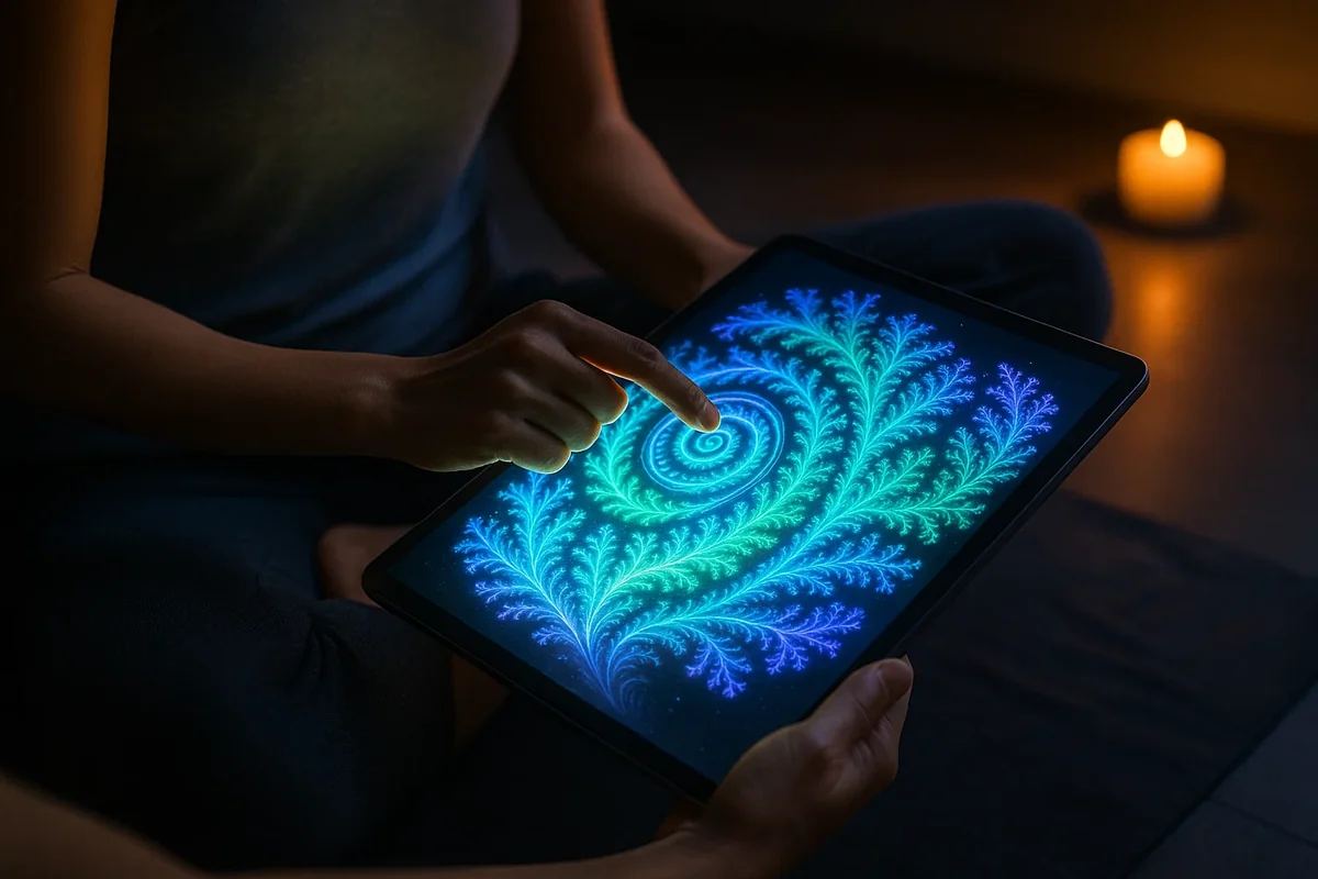 디지털 기기에서 프랙탈 명상 아트를 감상하는 모습