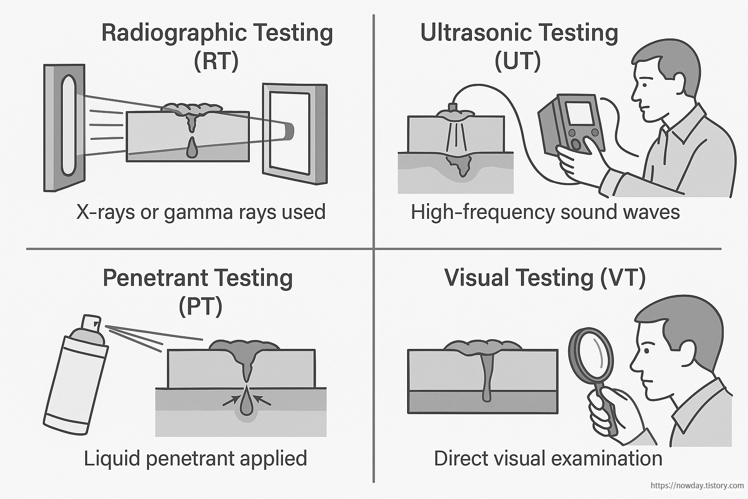 NDT methods for welding inspection including RT, UT, PT, and VT