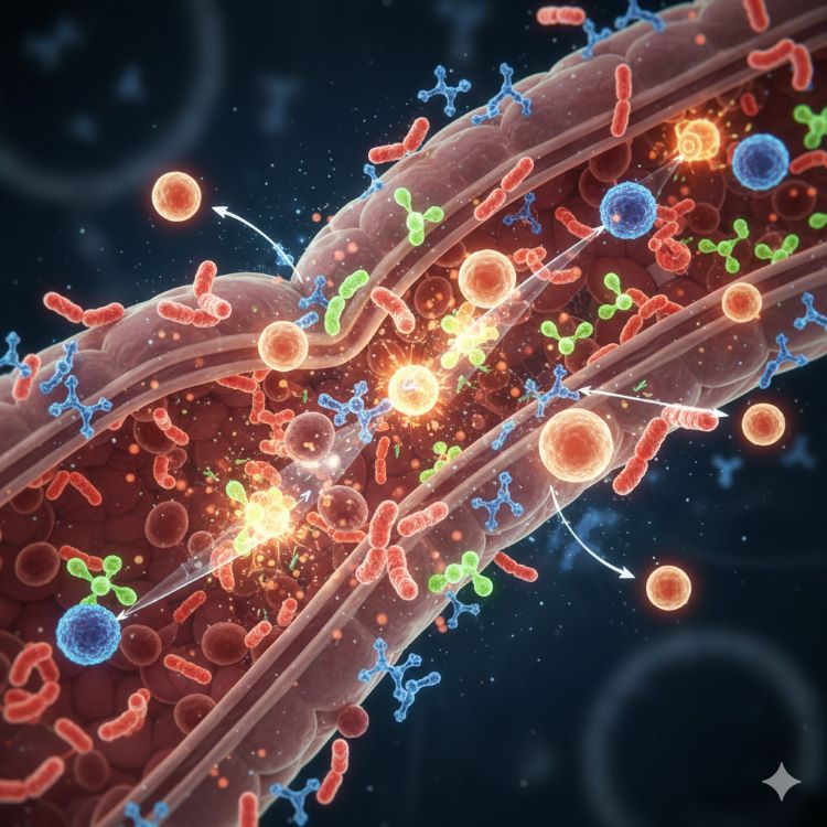 현미경으로 본 장내 세균들이 다채로운 색깔로 활발히 활동하는 모습과, 이들이 생산하는 효소 분자들이 빛나는 입자로 표현된 의학적 일러스트. 장벽을 따라 유익균들이 군집을 이루고, 효소들이 음식물을 분해하고 면역세포를 활성화하는 과정을 시각적으로 보여주는 이미지