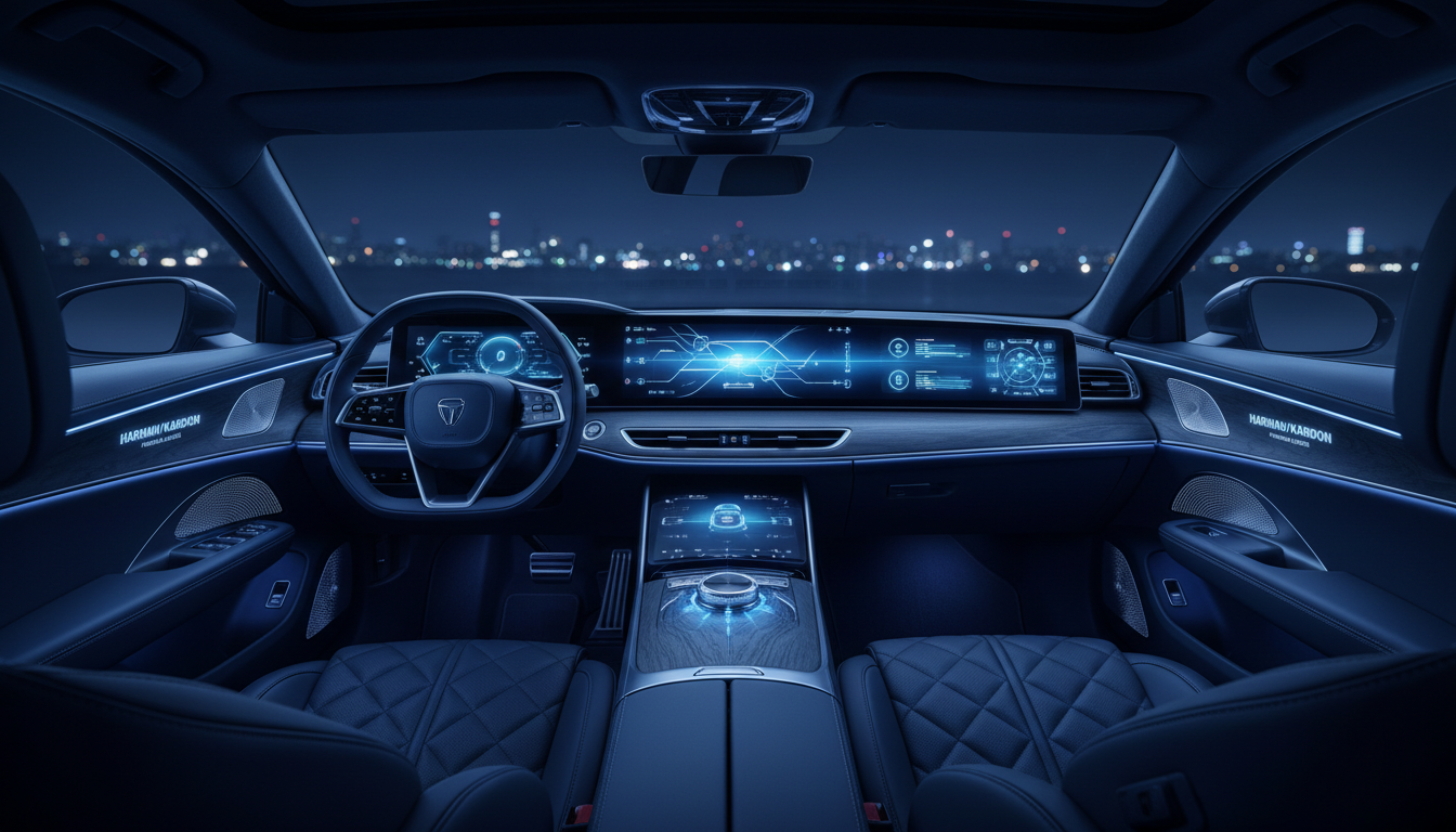 삼성전자가 인수한 하만의 기술이 적용된 최신 커넥티드 카 내부 인테리어와 디지털 대시보드