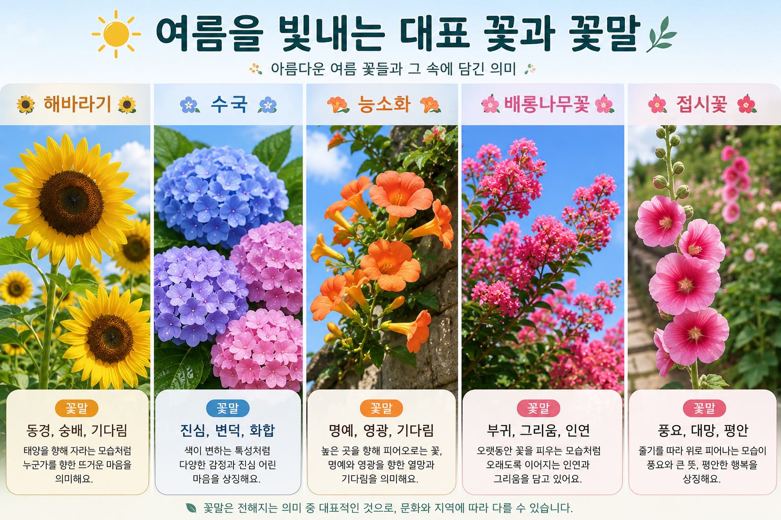 여름 꽃말 모음, 해바라기&middot;수국&middot;능소화&middot;백합에 담긴 의미