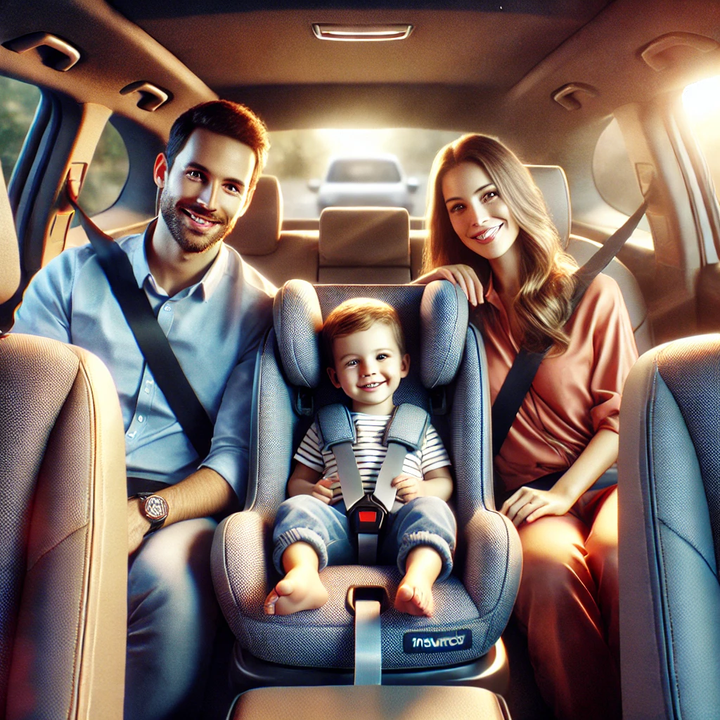 자동차 앞 좌석에는 부모가, 뒤에는 아기용 카시트에 앉은 유아가 있는 젊은 가족의 따뜻한 모습. 자연광이 비치는 아늑한 내부로 가족 보험 혜택을 상징
