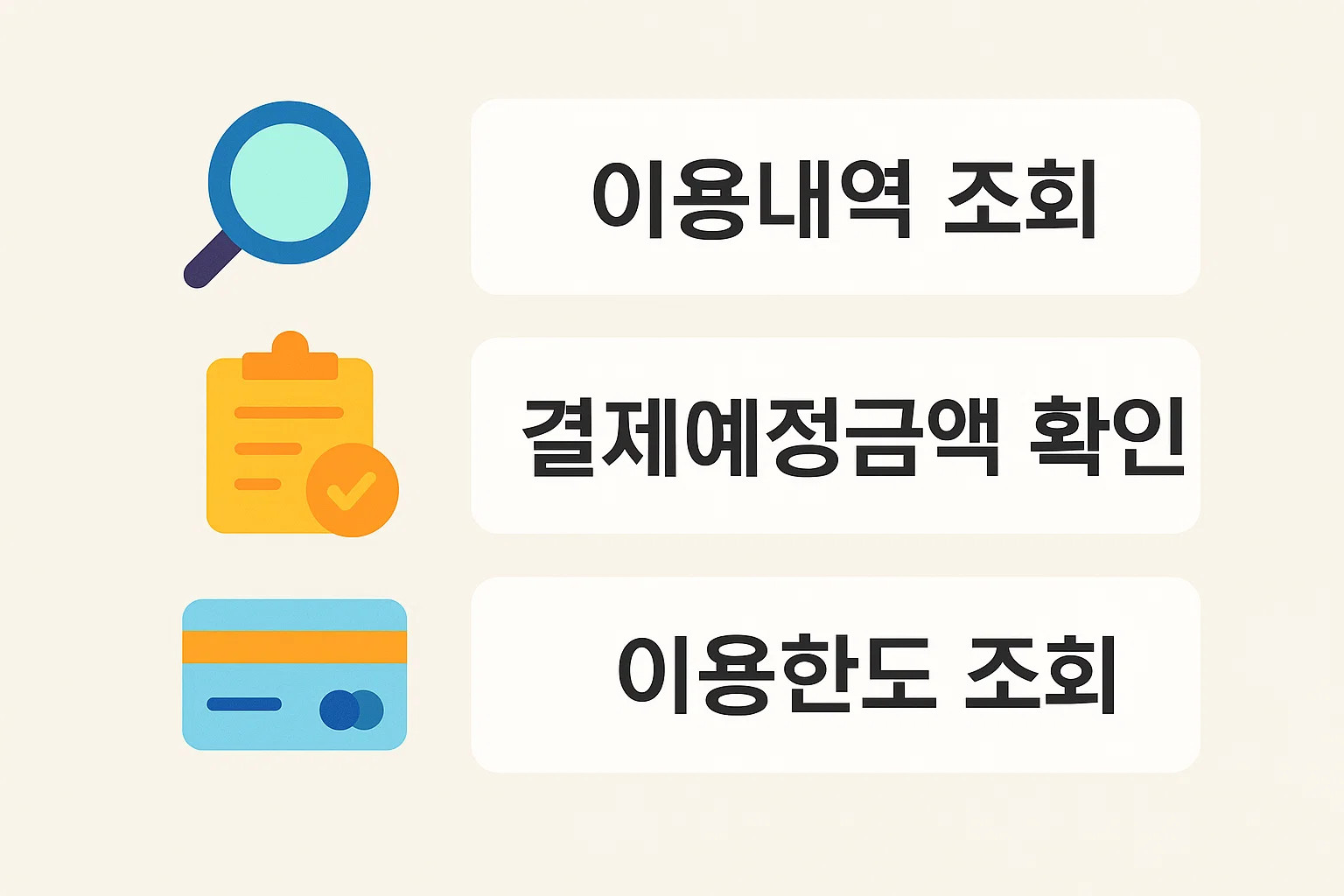 농협비씨카드 홈페이지에서 이용내역 조회, 결제예정금액 확인, 이용한도 조회 등 필수 조회 기능을 단계별로 안내하는 실용적인 기능 설명 인포그래픽