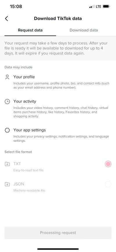 틱톡 데이터 요청 메뉴