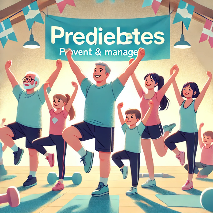 온 가족이 함께 스트레칭하며 건강한 시간을 보내는 장면.