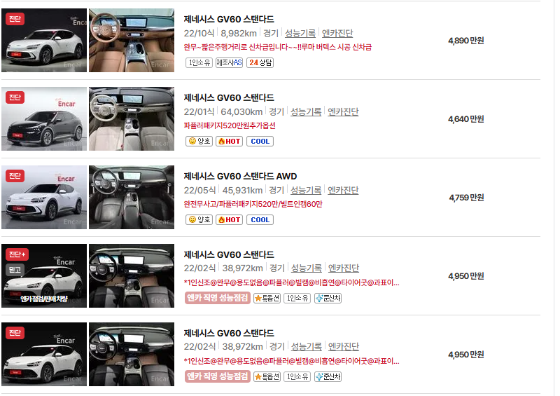 제네시스 GV60 중고차 가격 시세표 및 유지비