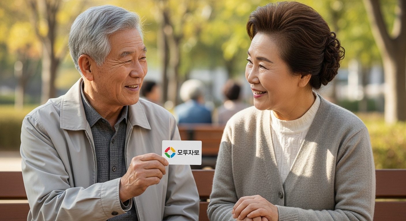 한 시니어 남성이 '모두의 카드'에 대해 설명하며 다른 시니어와 정보를 공유하는 모습, 활기찬 커뮤니티 활동을 상징.