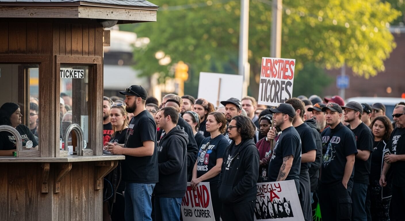 티켓 부스 앞에 줄 서 있는 관객들