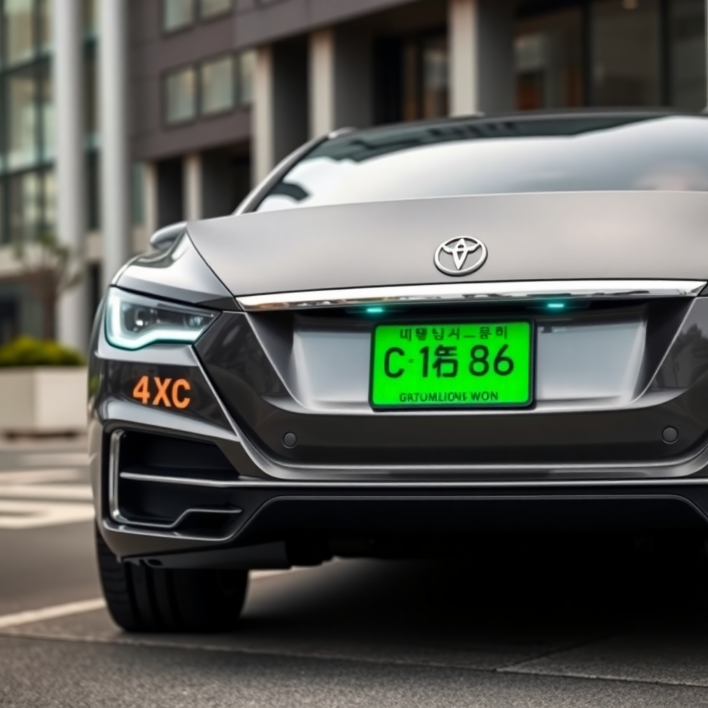 세련된 고급 세단 또는 SUV 뒤에 선명하게 부착된 연두색 번호판을 클로즈업하여 보여주는 이미지입니다. 차량은 현대적이고 깔끔한 도시 배경이나 고급 오피스 빌딩 앞에 주차된 모습으로, 법인 차량의 이미지를 강조합니다.