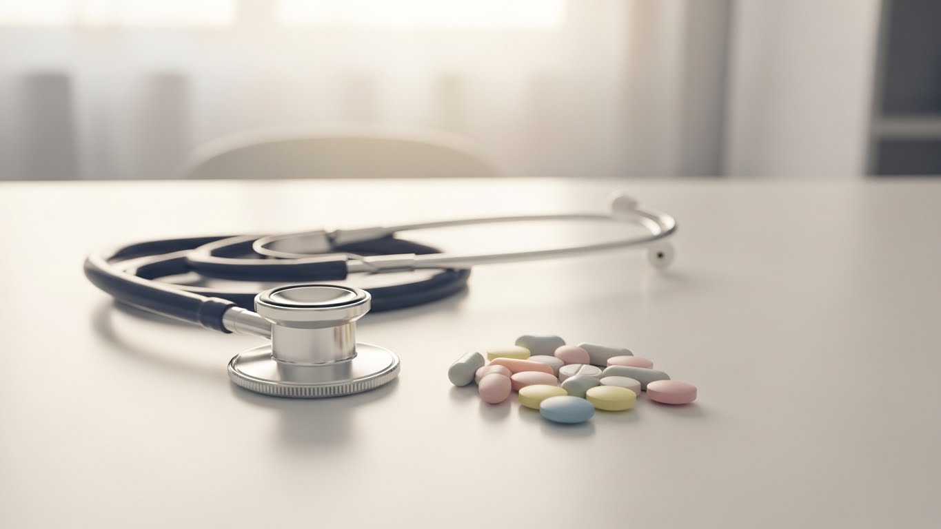 깔끔한-진료대-위에-중성색-알약,-청진기,-그리고-안전과-온화함을-상징하고-있습니다.