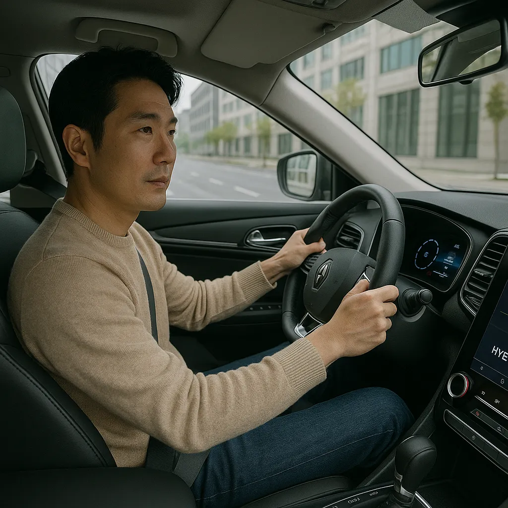 도심 도로에서 하이브리드 SUV를 운전하는 남성