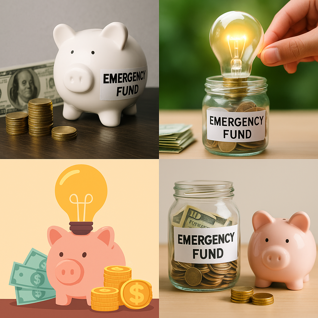 비상금 마련 전략을 상징적으로 표현한 이미지로, 저금통, 유리병, 동전, 지폐 등을 활용해 긴급자금을 준비하는 다양한 방법