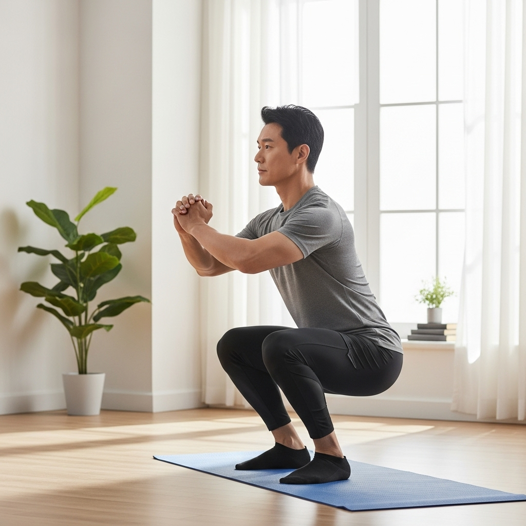 [이미지 3: 한 40대 한국인 남성이 집 거실에서 정확한 자세로 스쿼트를 하고 있는 모습]