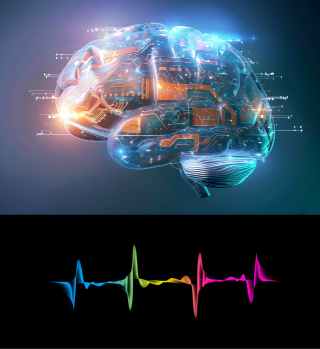 아침식사가 뇌 활성도와 에너지 대사에 미치는 영향을 상징적으로 나타낸 디지털 뇌와 심전도 이미지